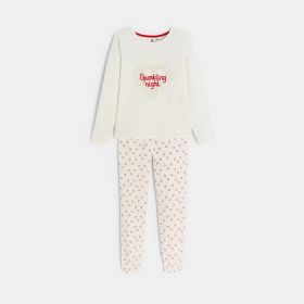 Кадифена пижама с надпис в цвят екрю