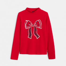 Червена тениска с висока яка и мотив с панделка