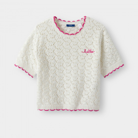 Бял плетен пуловер с къс ръкав